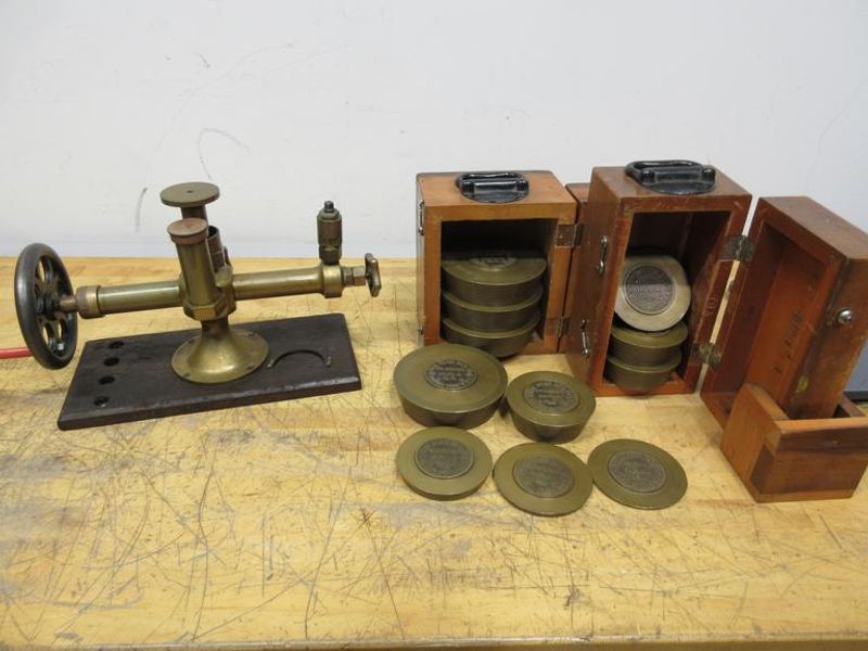 Star Brass Mf'g Co. ***Antique*** Single Range Deadweight Gage Tester with 74.5 Lbs of Brass Weight Sets in Original Wooden Boxes- Auction Item