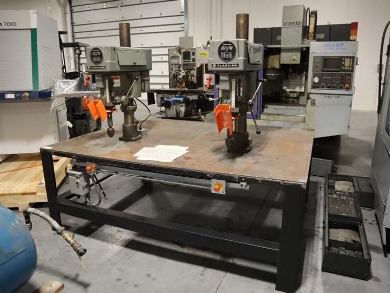Clausing Model 2236 20" Drill Presses (2) on Steel Table, 2-Speed Motors, Hand Quill Feeds, Jacobs Drill Chucks, Safety Shields- Auction Item