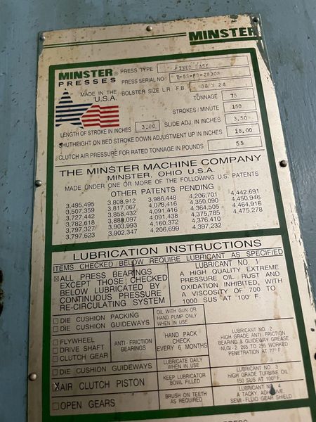 75 TON MINSTER MODEL #7 GAP FRAME PRESS, 3" STROKE: STOCK #15353