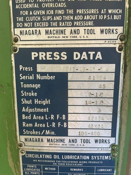 45 TON NIAGARA MODEL #SA2-45-42-24 SSDC PRESS 2.5" STROKE: STOCK 15051