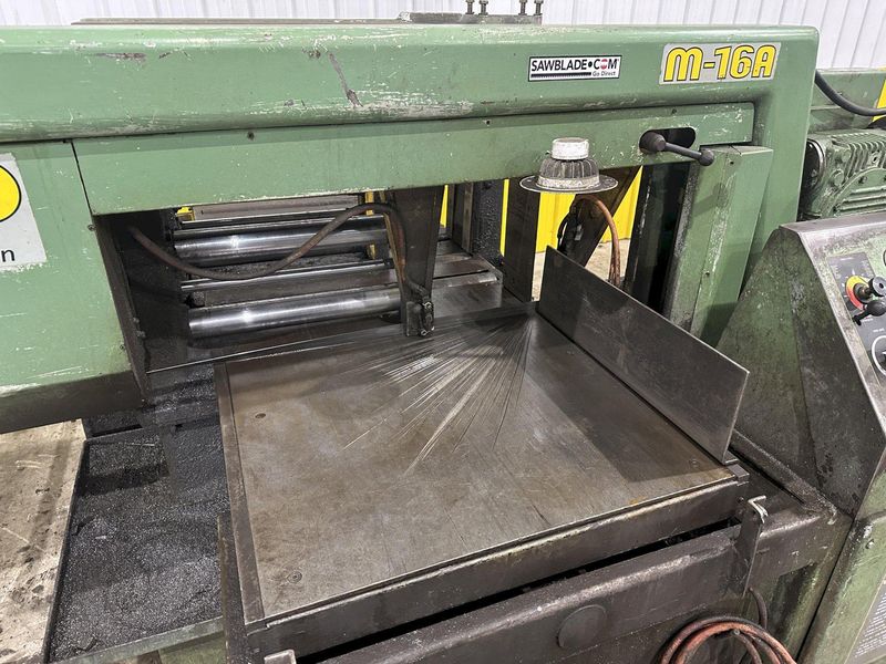 16" x 16" HYD-MECH MODEL #M-16A FULLY AUTOMATIC HORIZONTAL BANDSAW WITH POWER MITRE SWIVEL: STOC