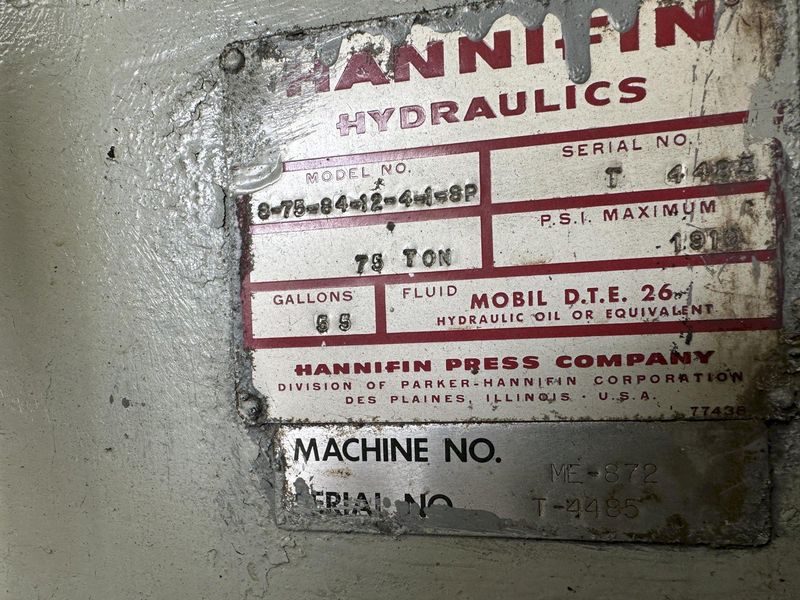 75 TON HANNIFIN HDYRAULIC STRAIGHTENING PRESS: STOCK #77127