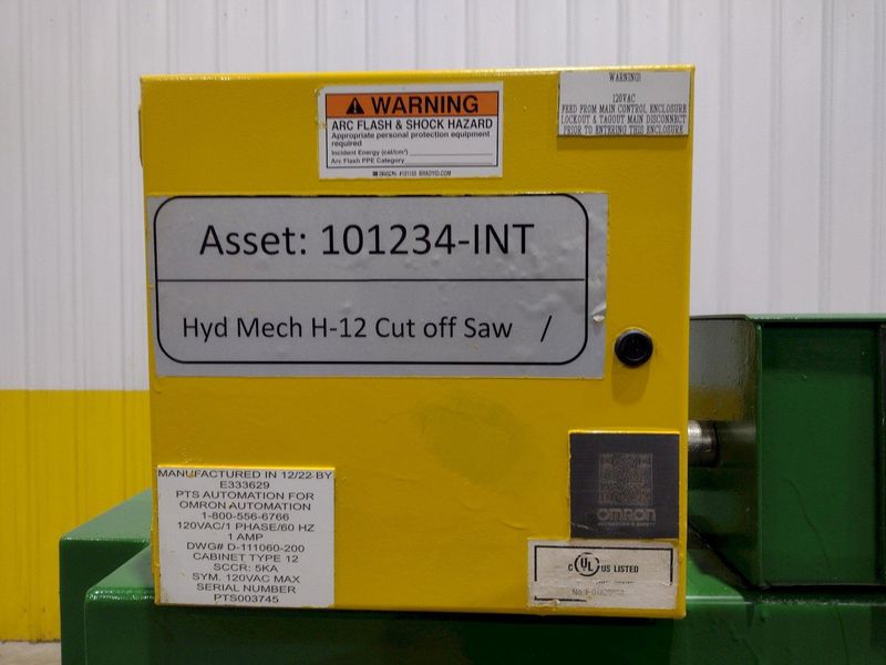 12" X 12" HYD-MECH MODEL #H-12A FULL AUTOMATIC FEED HORIZONTAL BANDSAW PLC 100 CONTROLS: STOCK #