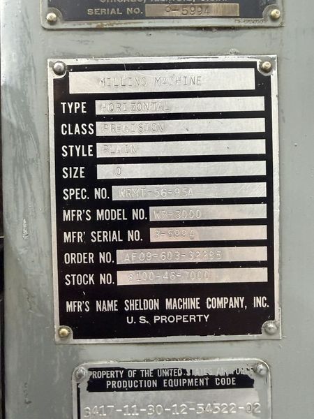 Sheldon WR-3000 No. 0 Horizontal Milling Machine