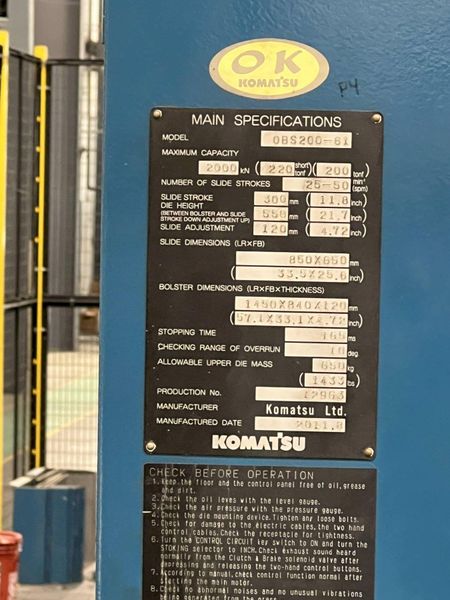 220 TON KOMATSU GAP FRAME STAMPING PRESS