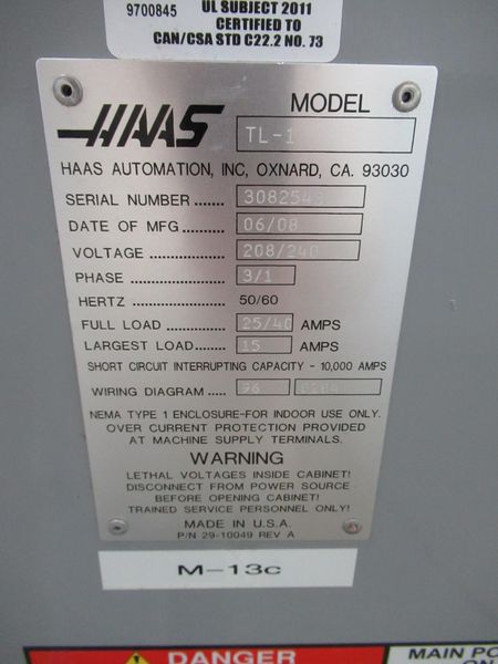 Haas TL-1 CNC Toolroom Lathe with Tailstock, 3-Jaw Chuck, Coolant Tank and Pump, New 2008