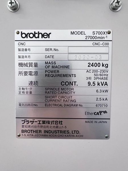 Brother Speedio S700X1 CNC Vertical Machining Center (2020)