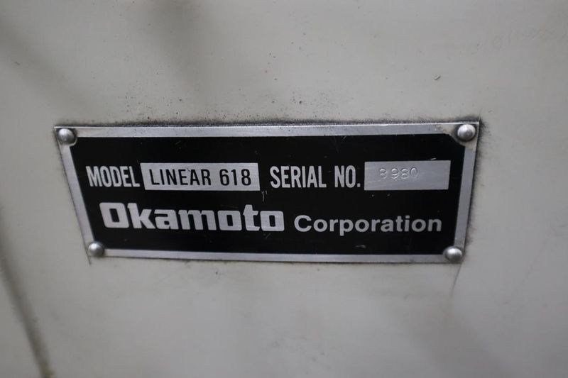 Okamoto Linear 6.18 Hand Feed Surface Grinder, 6"x18", Heidenhain 2-Axis DRO, EM Chuck, Vac-U-Guard, Coolant- Auction Item