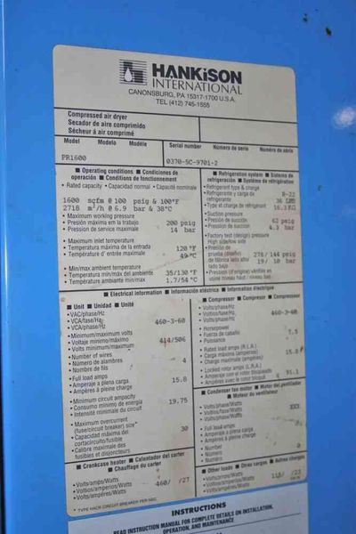 1600 SCFM HANKINSON REFRIGERATED AIR DRYER:  STOCK #12025