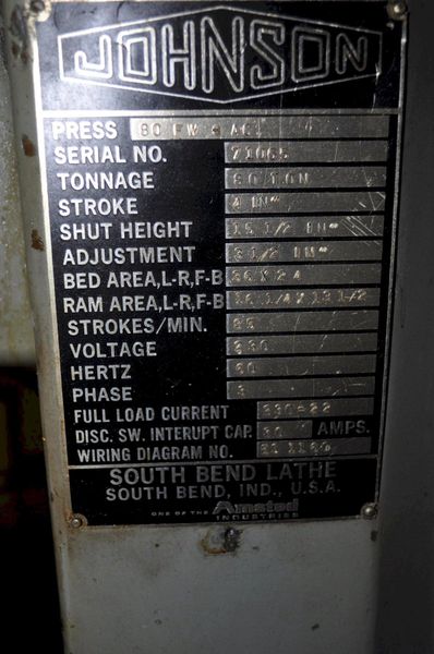80 TON SOUTHBEND JOHNSON OBI METAL STAMPING PRESS