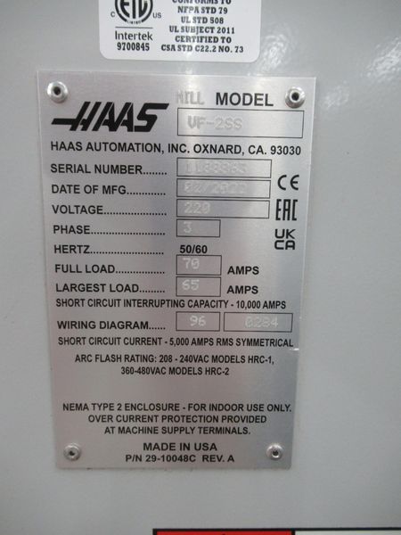 Haas VF-2SS CNC Vertical Machining Center, 30"x16"x20", CT40, 12K RPM, 30 ATC, Probing, 1K PSI TS Coolant - 2022
