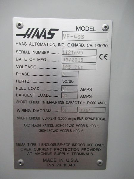 Haas VF-4SS CNC Vertical Machining Center, 50"x20"x25", 12K Spindle, Chip Auger, 4th Axis, 24 ATC