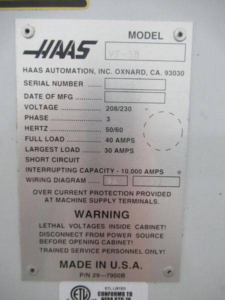 Haas VF-3 CNC Vertical Machining Center, 24 ATC, 10K RPM, 2-Speed Gearbox, 4th Axis Drive, TS Coolant