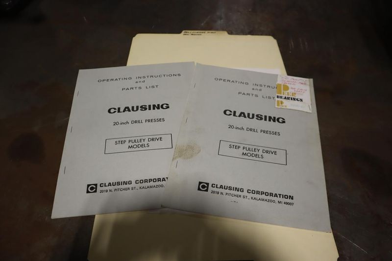 Clausing Model 2236 20" Drill Presses (2) on Steel Table, 2-Speed Motors, Hand Quill Feeds, Jacobs Drill Chucks, Safety Shields- Auction Item