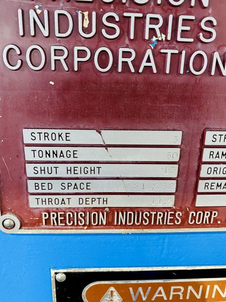 60 TON FEDERAL / PRECISION INDUSTRIES OBI PRESS, 3" STROKE: STOCK #14978