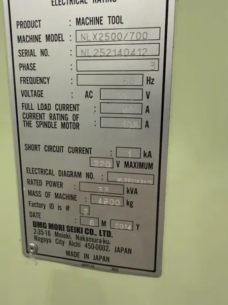 2014 DMG Mori NLX 2500/700 CNC Turning Center
