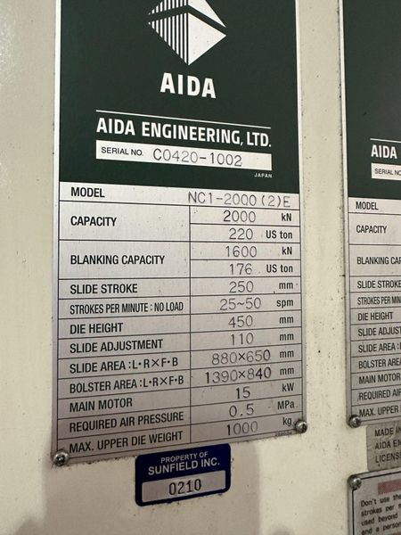 220 TON AIDA GAP FRAME PRESS