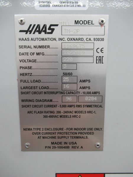 Haas TM-2P CNC Toolroom Mill, 40"x16"x16", 6K RPM, 10 Station ATC, Probing, Coolant System - Only 975 Spindle Hours!