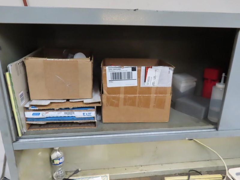 Metal Work Desk with Drawers w Sliding Door and Contents w Light- Auction Item