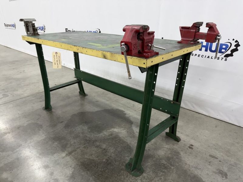 3′ x 6′ Steel Work Table w/ (2) 3.5″ Columbian & (1) Americana A4-1/2 Vises
