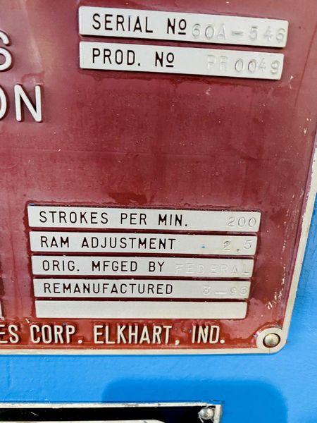 60 TON FEDERAL / PRECISION INDUSTRIES OBI PRESS, 3" STROKE: STOCK #14978
