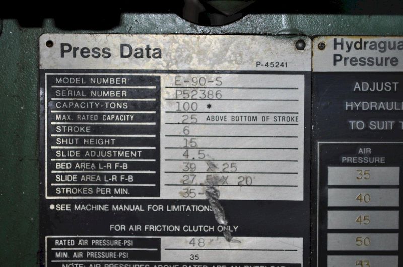 100 TON NIAGARA OBI PRESS 6" STROKE 39" X 25" BED AIR CLUTCH