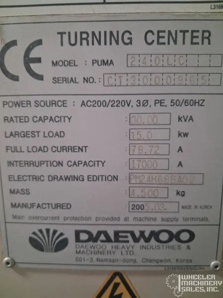 2005 DAEWOO Puma 240L CNC Lathe #8396 #1