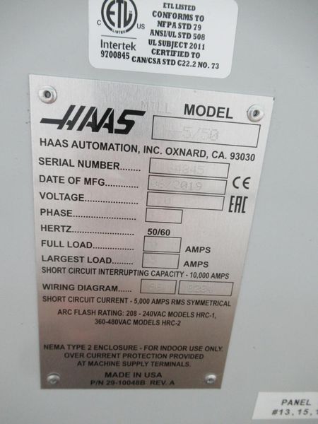 Haas VF-5/50 CNC Vertical Machining Center, Haas NextGen CNC Control, 4th Axis, TSC, Probing, HSM, 30 ATC- Auction Item