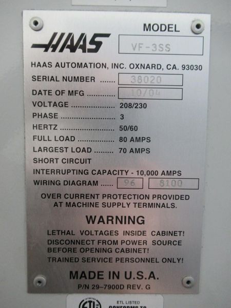 Haas VF-3SS CNC Vertical Machining Center, 4th Axis Drive, TSC , Probing, 12K RPM, Chip Auger, HSM, Programmable Coolant, RJH- Auction Item