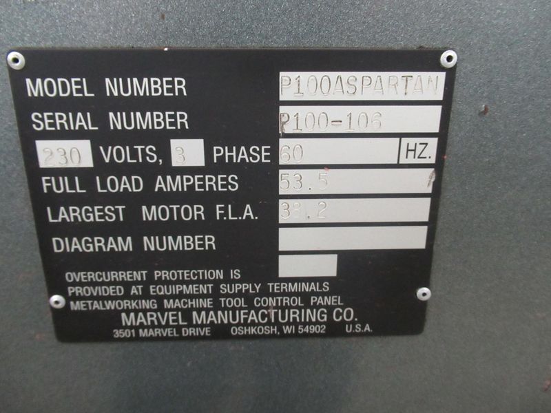 Marvel Spartan P100A High Speed Programmable Circular Cold Saw, 14" Blade, Siemens Touch Screen Control, Chip Auger, Magazine Bar Loader, Mist Coolant