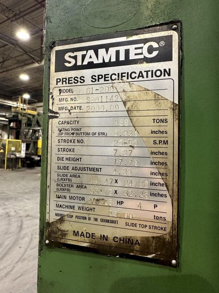200 TON STAMTEC MODEL #G1-200 (NEW 2000) GAP FRAME PRESS, 7.87" STROKE: STOCK #20020