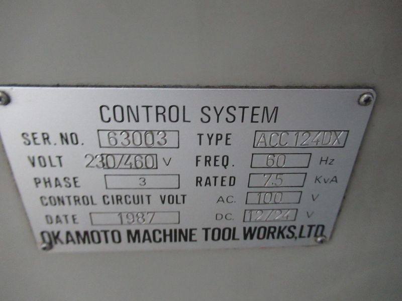 Okamoto ACC-124DX 3-Axis Automatic Horizontal Surface Grinder, 12" x 24" Operation, Electromagnetic Chuck, Downfeed Digital Readout