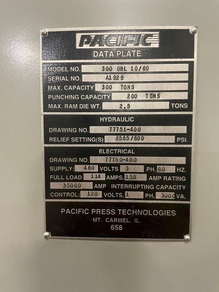 300 TON PACIFIC (NEW 2017) MODEL #300-OBL-10/60 STRAIGHT SIDE HYDRAULIC PRESS, 12" STROKE: STOCK