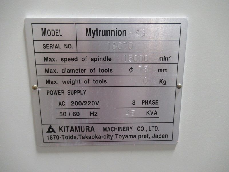 Kitamura Mytrunnion 4G 5-Axis Vertical Machining Center, 15K RPM, 60 ATC, Probing, Thru Spindle Coolant, NEW 2016