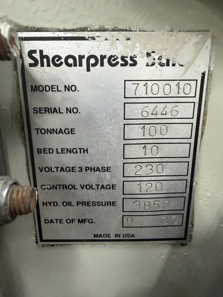 Accurpress 710010 100 Ton x 10′ 3-Axis CNC Hydraulic Press Brake