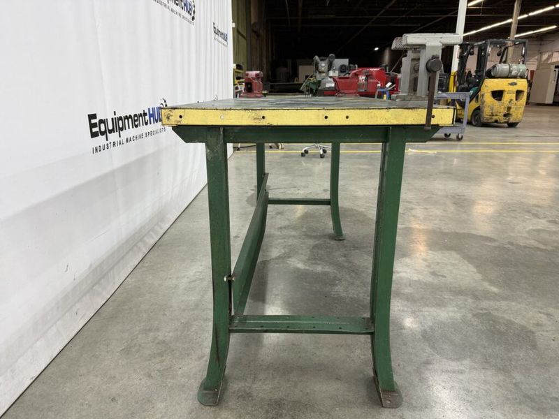 3′ x 6′ Steel Work Table w/ (2) 3.5″ Columbian & (1) Americana A4-1/2 Vises