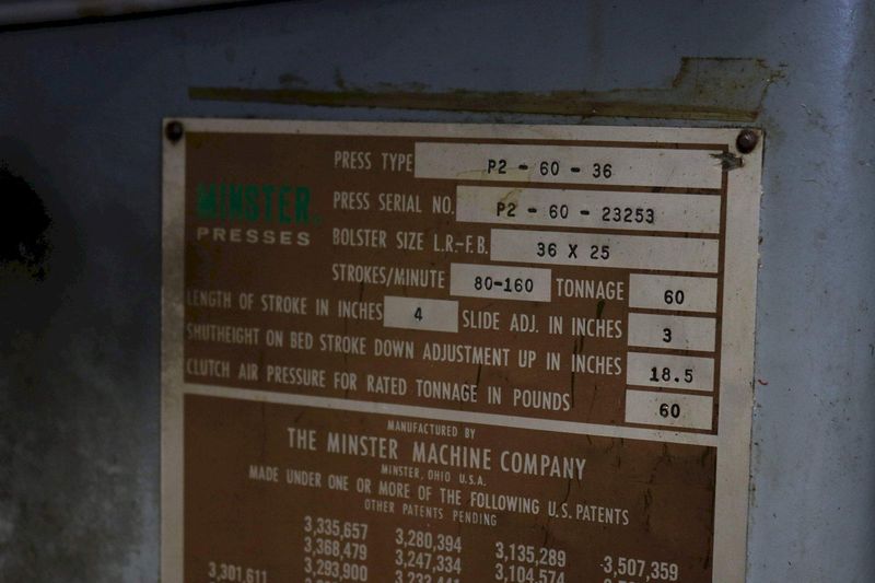 60 TON MINSTER MODEL P2-60 SSDC PRESS STOCK: 72978