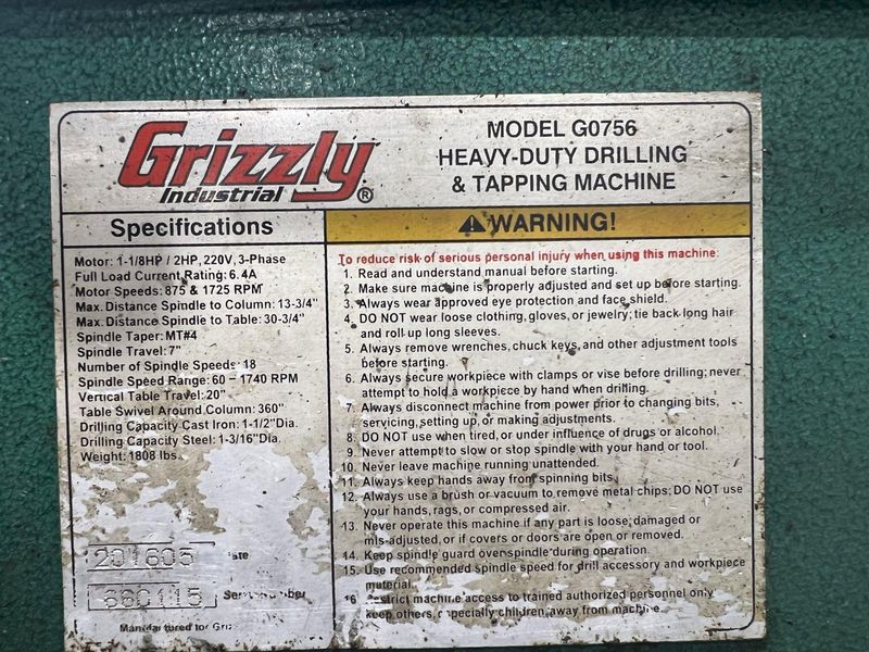 27" GRIZZLY MODEL #G0756 HEAVY DUTY DRILLING & TAPPING SINGLE SPINDLE DRILL:: STOCK 16885