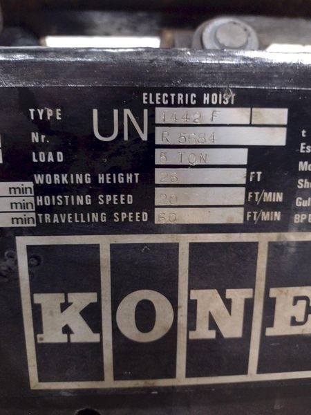 5 TON 10,000 LBS KONE MODEL #FEM 1AM POWER CABLE HOIST WITH TROLLEY: STOCK #18668