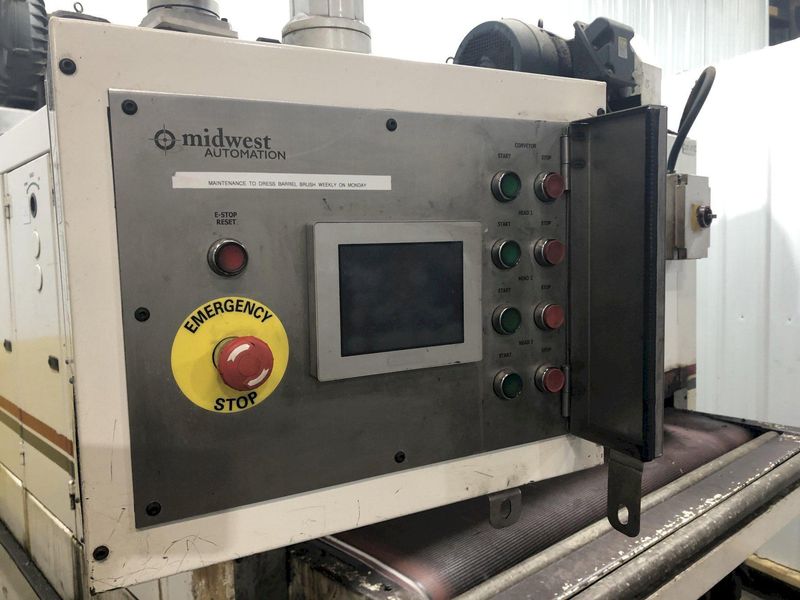 63" MIDWEST AUTOMATION MODEL #N3-6375 3 HEAD WET TYPE BELT DEBURRING GRINDER MACHINE: STOCK 1822