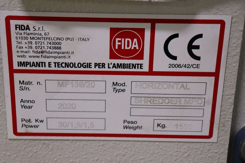 Fida MFO-40 Horizontal 40HP Wood Waste Shredder / Grinder