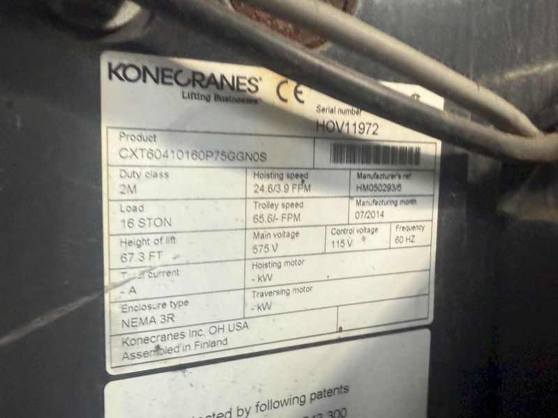 17.5 TON (2014) KONE-CRANES MODEL #CXT60410160P75GGN0S SINGLE GIRDER OVERHEAD CRANE HOIST & TROL