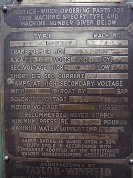 30 KVA X 8" TAYLOR WINFIELD AIR OPERATED SPOT WELDER: STOCK #20249
