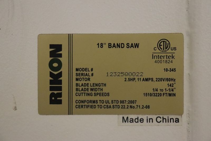 Rikon 10-345 18″ Woodworking Vertical Band Saw