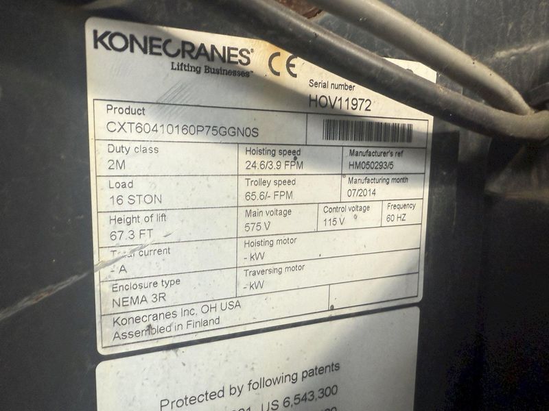 17.5 TON (2014) KONE-CRANES MODEL #CXT60410160P75GGN0S SINGLE GIRDER OVERHEAD CRANE HOIST & TROL