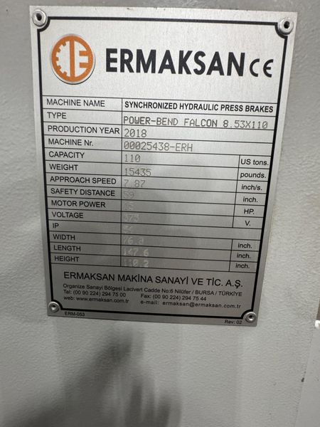 110 TON X 8'6" ERMAKSAN CNC HYDRAULIC PRESS BRAKE: STOCK #80654