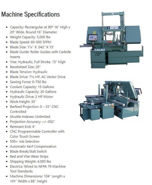 16" x 20" W.F. WELLS (NEW 2023) MODEL F-1620-A CNC AUTOMATIC HORIZONTAL BANDSAW W/ BUNDLING: STO