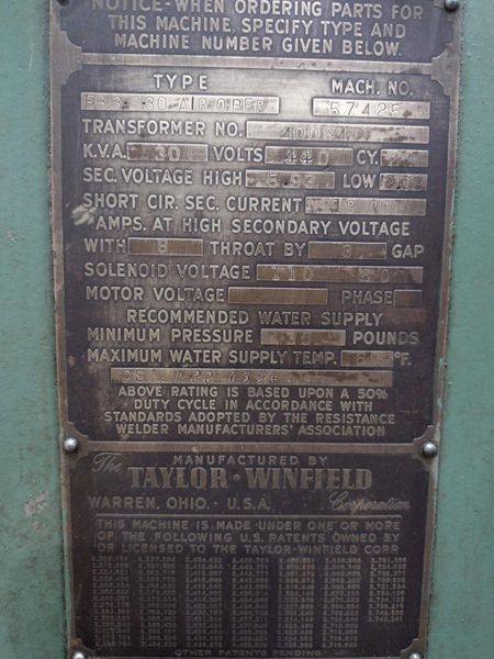 30 KVA X 8" TAYLOR WINFIELD AIR OPERATED SPOT WELDER: STOCK #20249