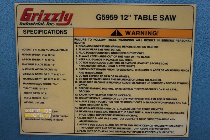 Grizzly G5959 12″ Sliding Table Saw
