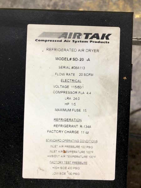 7.5 HP DEVAIR MODEL #TASV-5052-S 175 PSI VERTICAL AIR COMPRESSOR WITH AIR TAK 20 SCFM AIR DRYER: